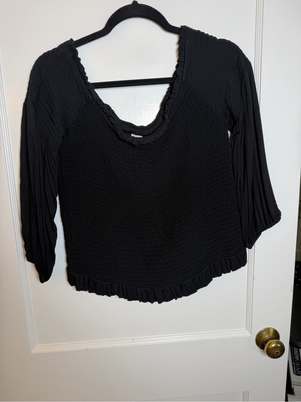 LOFT Beach Black Solid Smocked Ruffle Hem Stretch Scoop Neck Blouse 14 Plus
